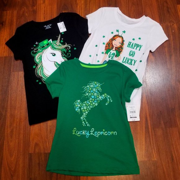 Children's Place and Way to Celebrate Other - Girls' St. Patrick's Day Tees, set of 3, size 7-8, EUC and NWT